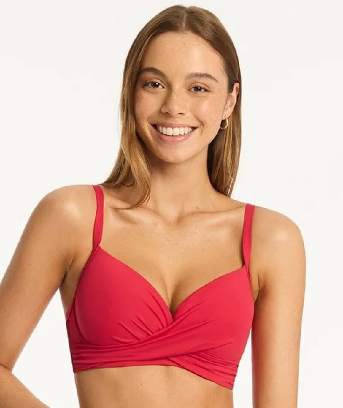 Striped bikini with a classic pattern for a timeless beach aestheticSea Level Eco Essentials Cross Front Moulded Underwire Bikini Top - Red