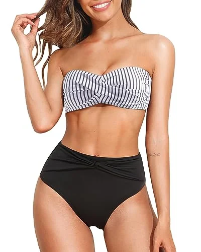 Metallic - finish bikini for a glamorous and eye - catching poolside lookTwist Front Bandeau Bikini Top & High Waist Two Piece Set