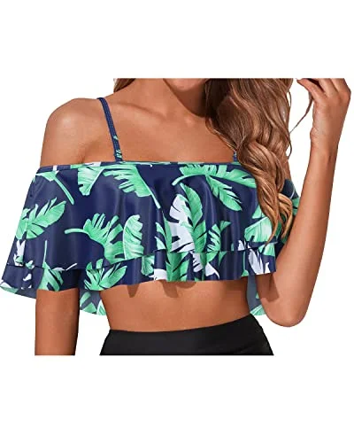 High - waisted bikini for a retro and tummy - flattering lookWomen's Ruffled Bikini Tops Flounce Off Shoulder Swim Tops