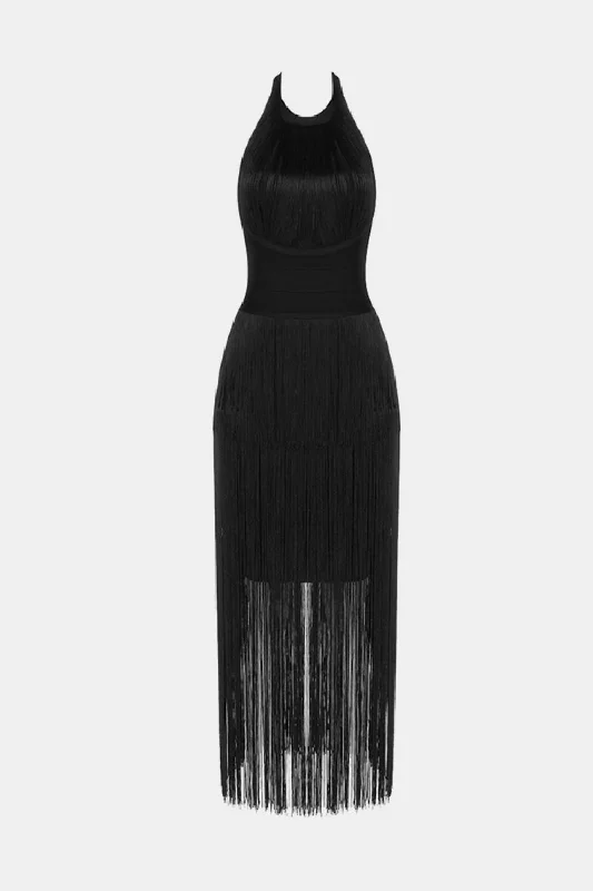 Halter Neck Fringe Dress | Black Color