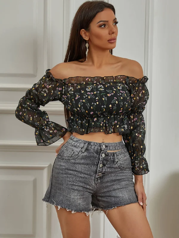 Printed Ruffle Hem Cropped Top